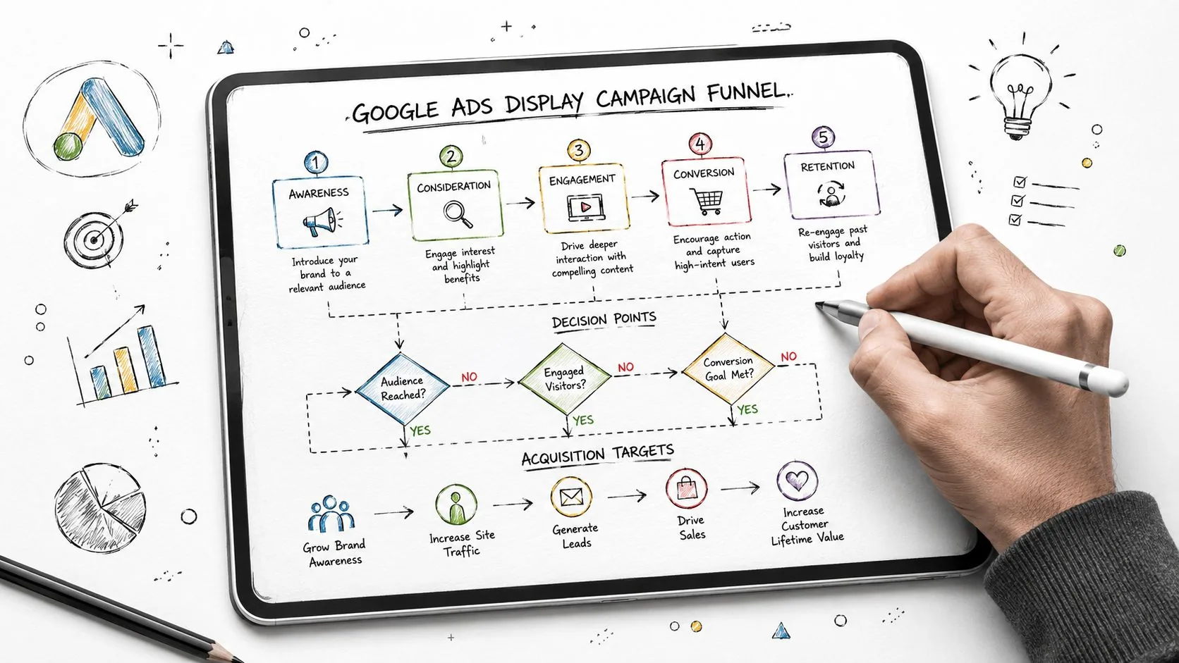 Ilustração desenhada à mão em um tablet mostrando o funil de campanhas de display do Google Ads.