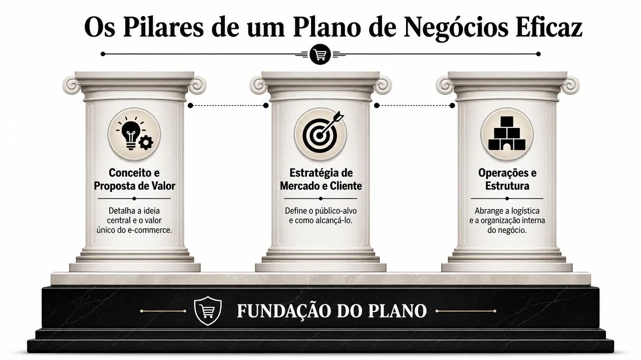Infográfico com três pilares fundamentais para a criação de um plano de negócios eficaz e estruturado.