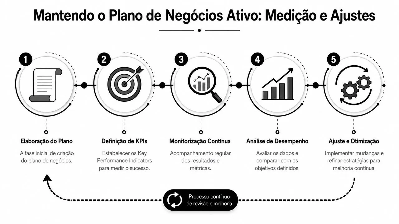Fluxograma numerado mostrando as cinco etapas para manter um plano de negócios ativo, incluindo monitoramento e otimização contínua.