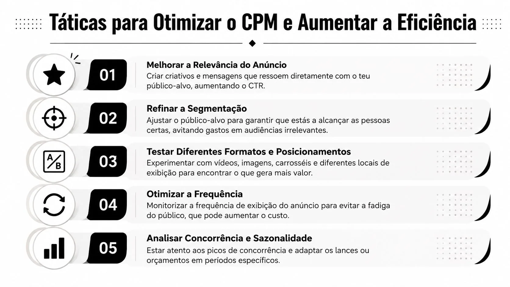 Infográfico apresentando cinco táticas essenciais para otimizar o CPM e aumentar a eficiência em campanhas de marketing.