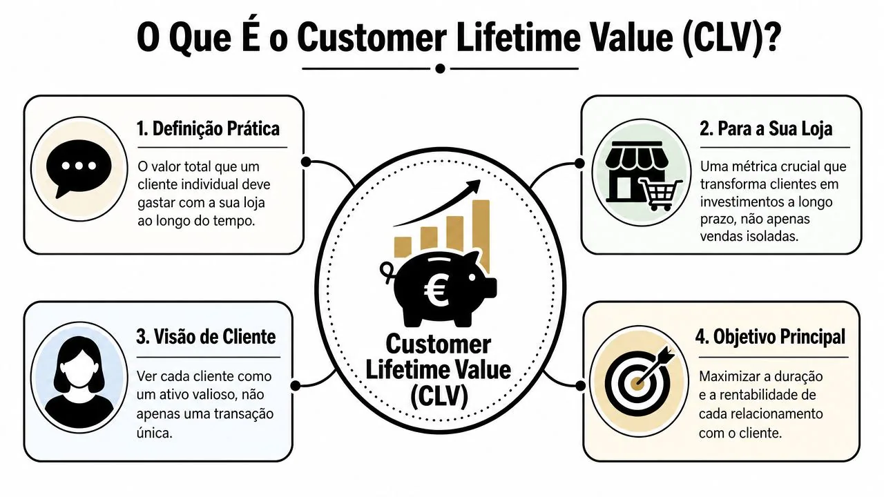 Infográfico explicativo sobre o que é Customer Lifetime Value, detalhando sua definição, importância e objetivos principais.