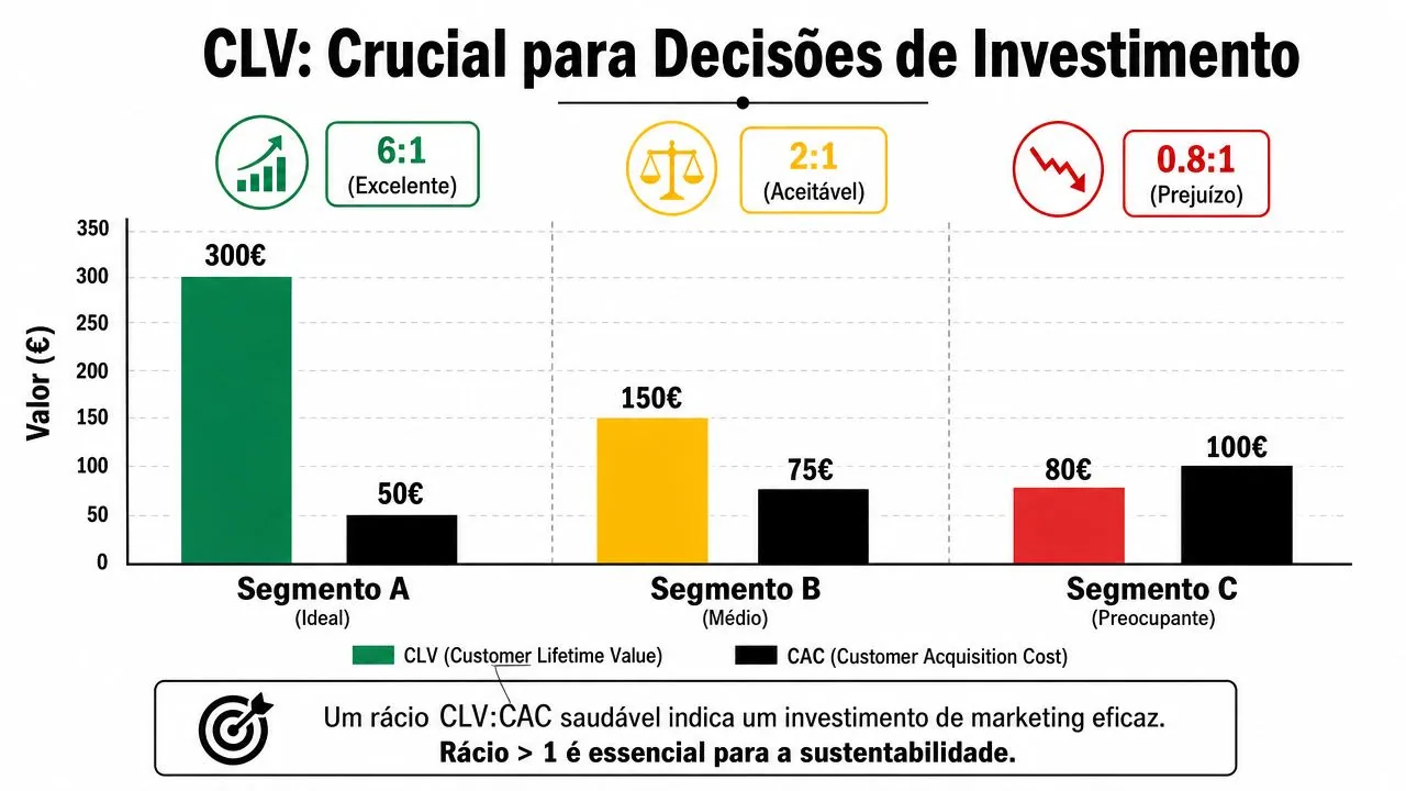 Gráfico comparando CLV e CAC de três segmentos de clientes para ilustrar a rentabilidade do investimento em marketing.