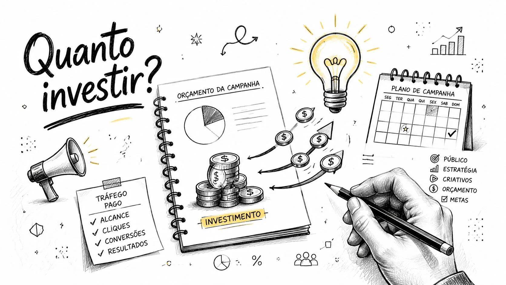 Uma ilustração desenhada à mão sobre estratégia de investimento em tráfego pago, planejamento de campanhas e marketing digital.