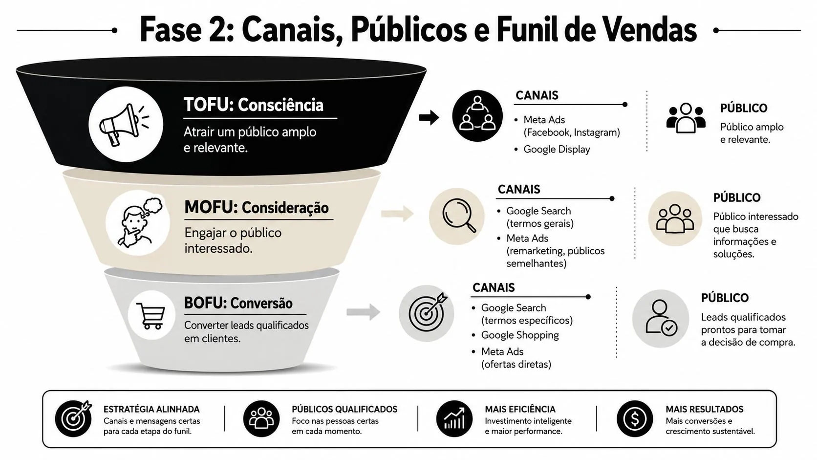 Funil de vendas dividido em etapas TOFU, MOFU e BOFU com seus respectivos canais de tráfego e públicos.