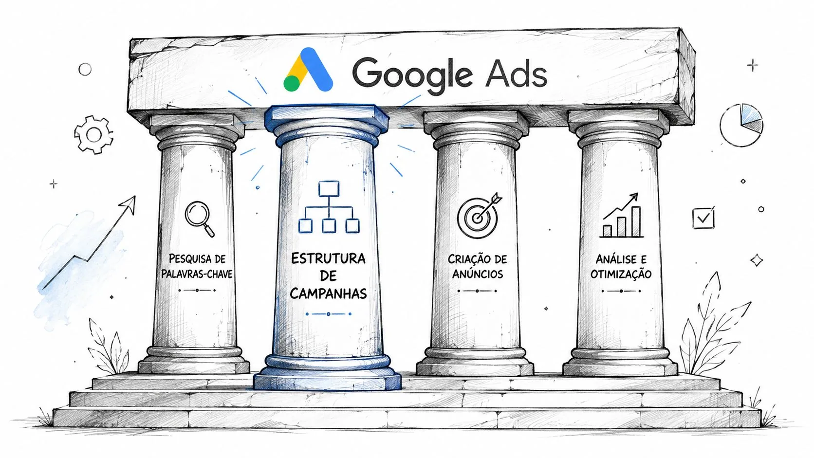 Representação gráfica dos quatro pilares essenciais para o sucesso de uma conta no Google Ads.