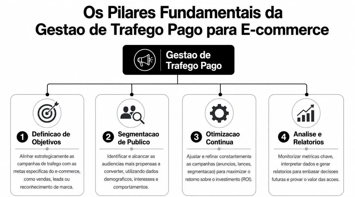 Diagrama com os quatro pilares fundamentais da gestão de tráfego pago para lojas de comércio eletrônico.