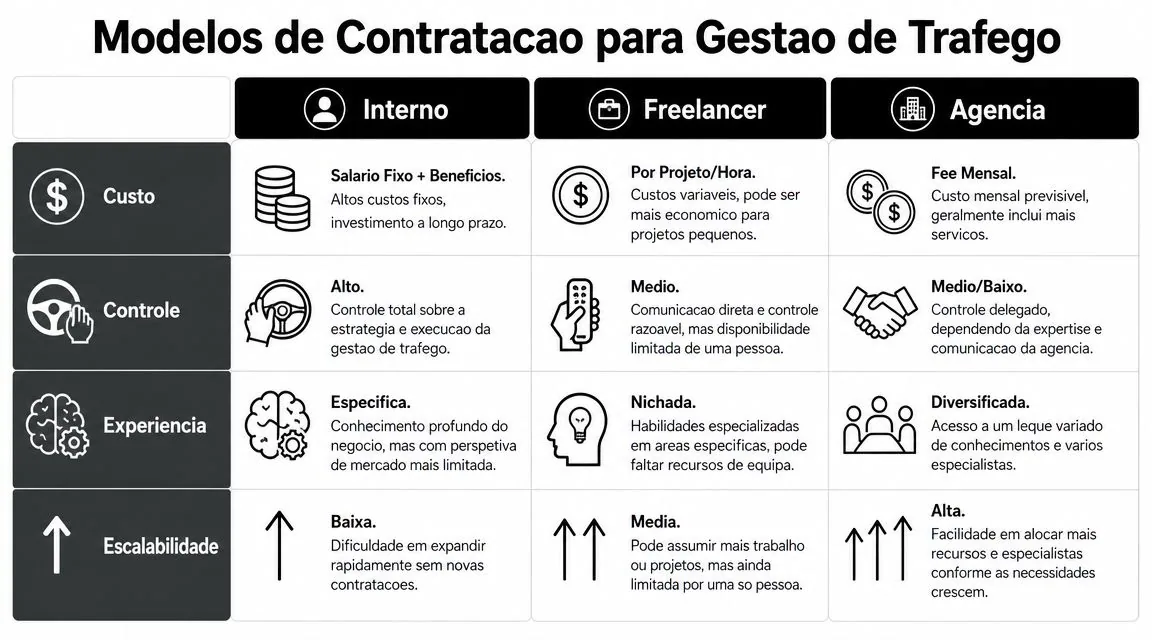Tabela comparativa sobre modelos de contratação para gestão de tráfego: interno, freelancer e agência.