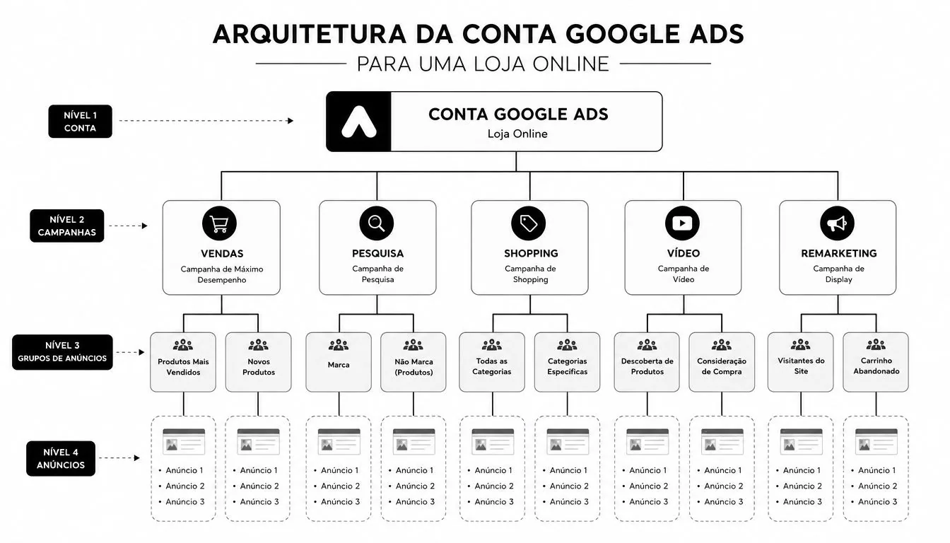 Diagrama de hierarquia da estrutura de conta Google Ads para uma loja de e-commerce organizada.