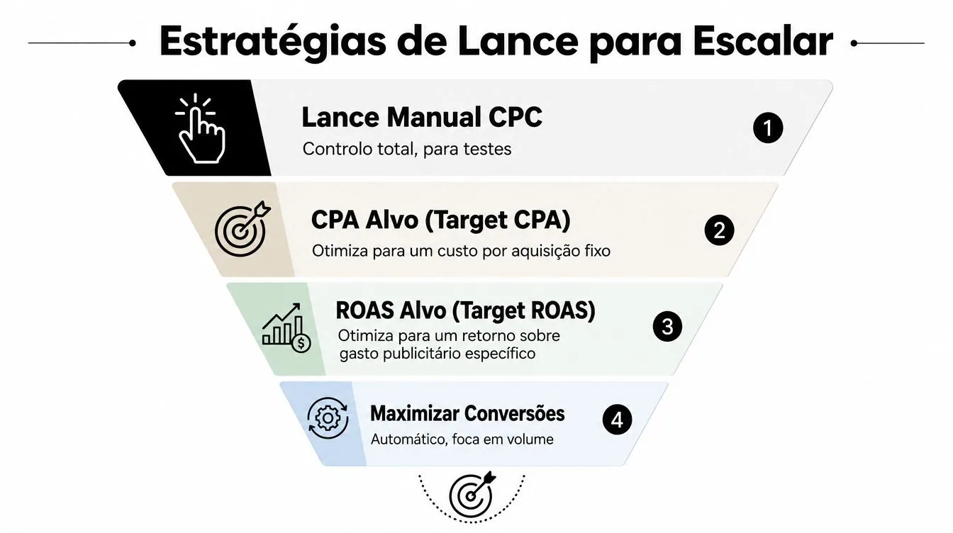 Um funil ilustrando quatro estratégias de lance para escalar campanhas no Google Ads de forma eficiente.