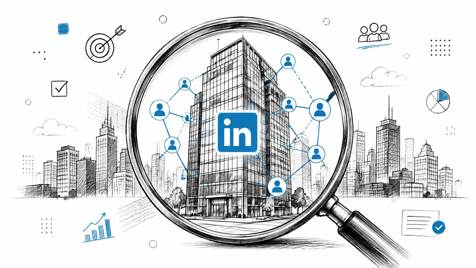 Uma lupa com o logotipo do LinkedIn focada em um edifício de escritórios com conexões de rede.