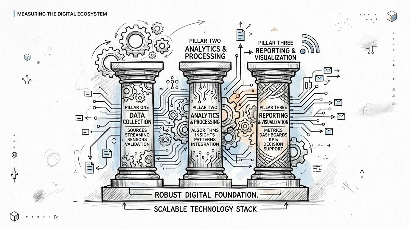Diagrama de três pilares representando os estágios de coleta, processamento e visualização em um ecossistema digital.