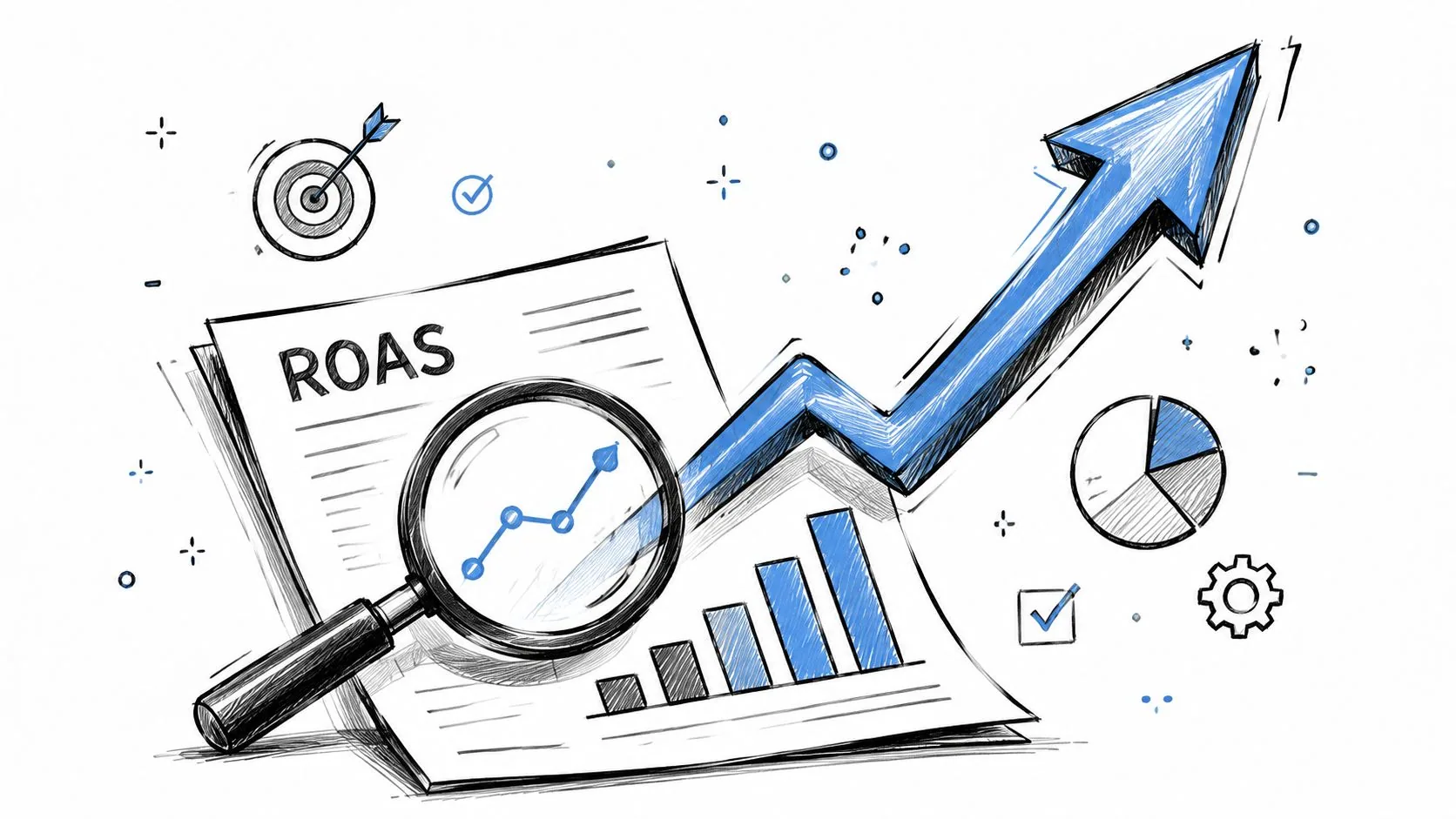 Uma ilustração desenhada à mão mostrando um aumento no ROAS de marketing digital com gráficos e lupa.
