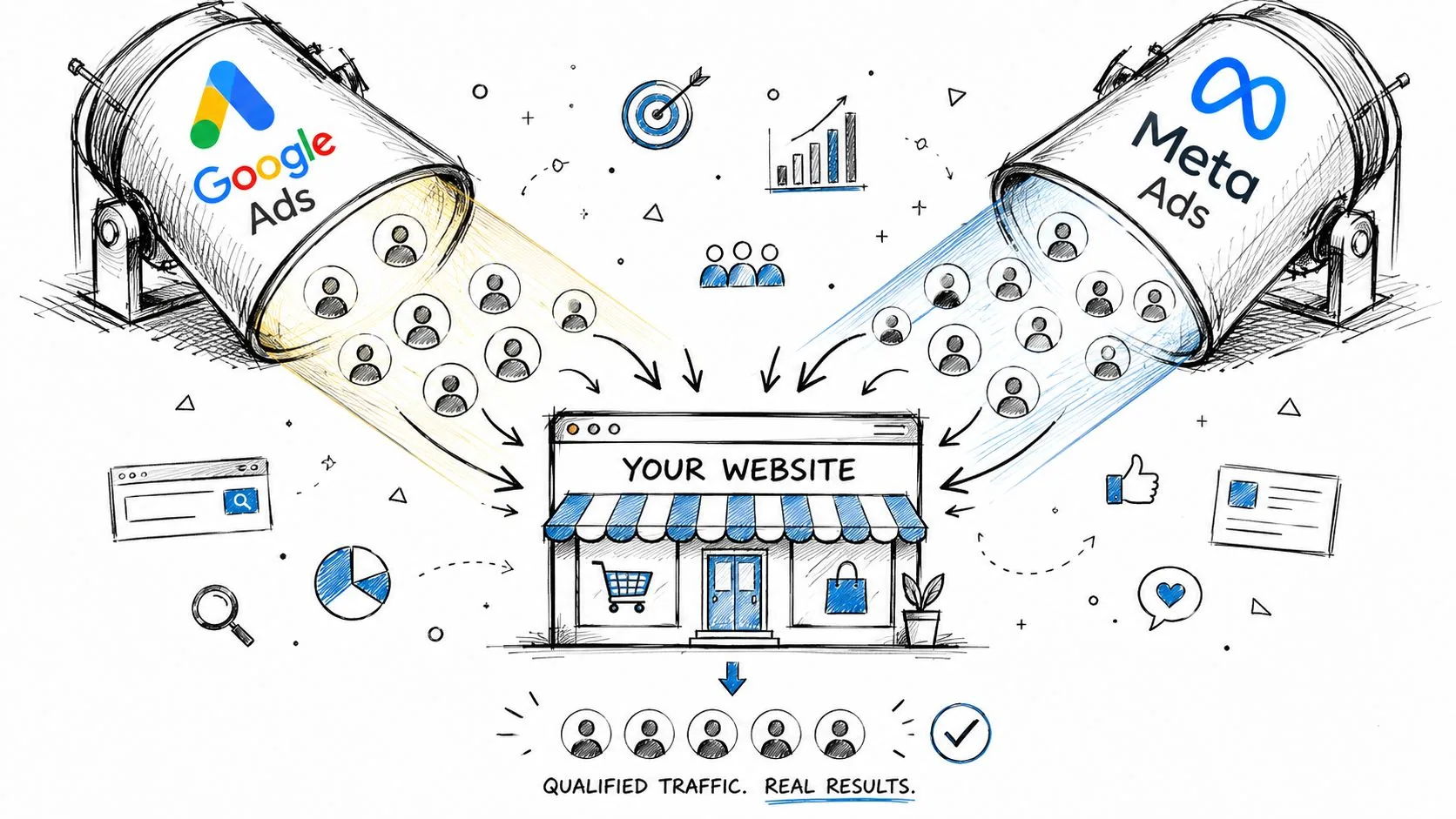 Ilustração mostrando o Google Ads e Meta Ads direcionando tráfego qualificado para um site de vendas online.