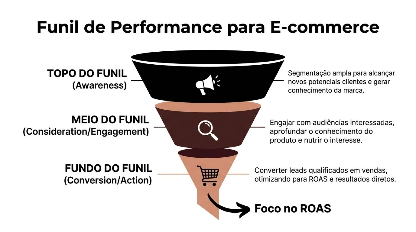 Representação visual de um funil de performance para e-commerce, detalhando as etapas de awareness, consideração e conversão.