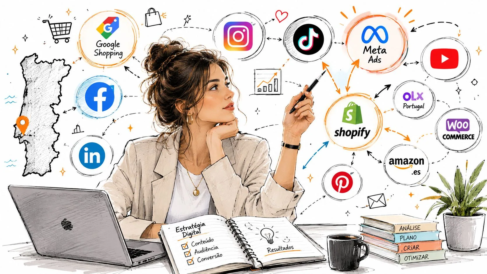 Uma mulher jovem planeja estratégia de marketing digital conectando redes sociais e plataformas de vendas em um notebook.