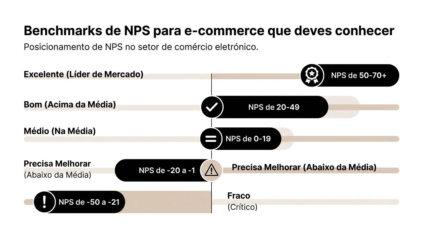 Gráfico informativo ilustrando os benchmarks de NPS para o setor de e-commerce, classificando de excelente a fraco.