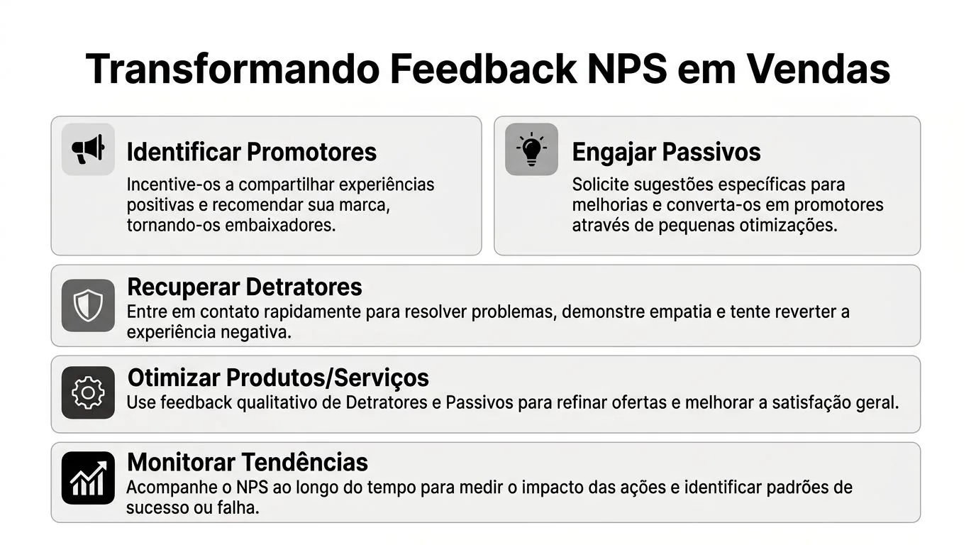 Infográfico com cinco dicas sobre como transformar resultados de NPS em estratégias eficazes de vendas.