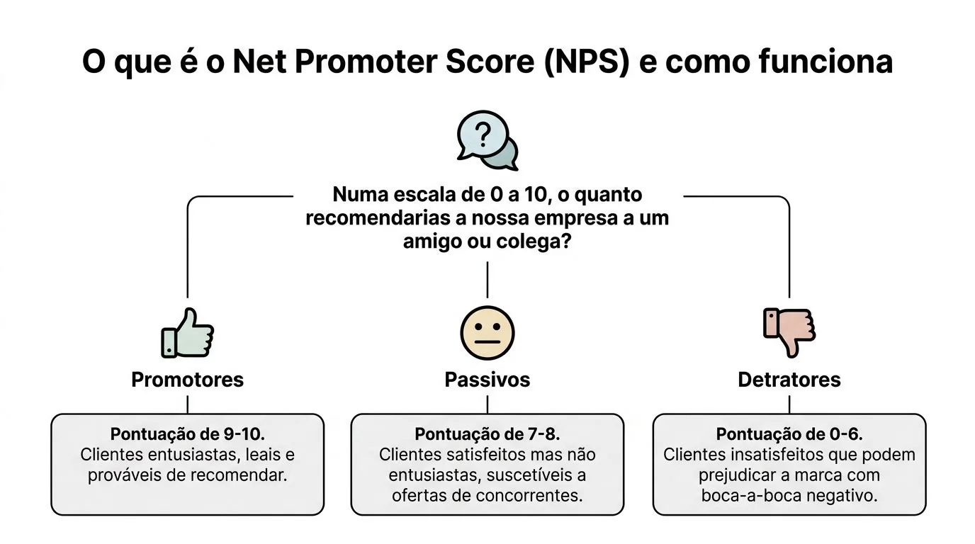 Infográfico explicando o conceito e funcionamento do Net Promoter Score (NPS) com classificações de clientes.