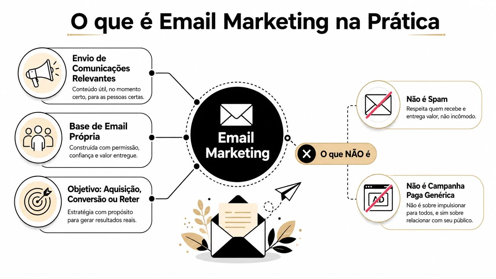 Infográfico ilustrando os princípios fundamentais do email marketing e o que ele não representa.