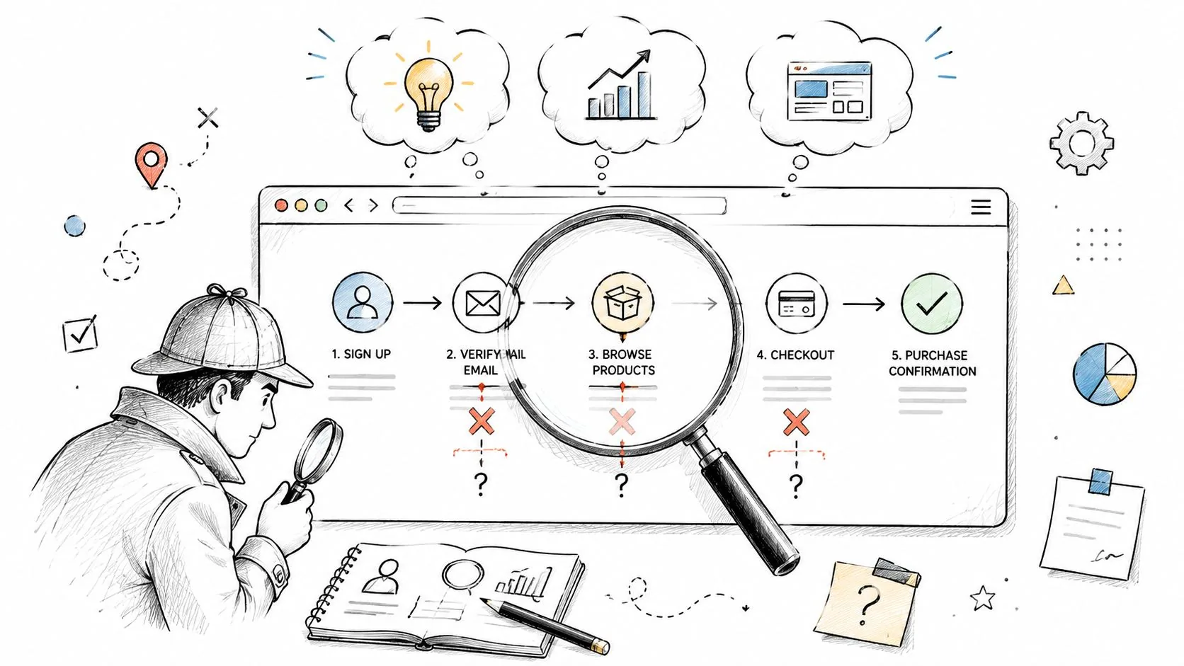 Um detetive investigando os passos de uma jornada do cliente em um site com uma lupa.