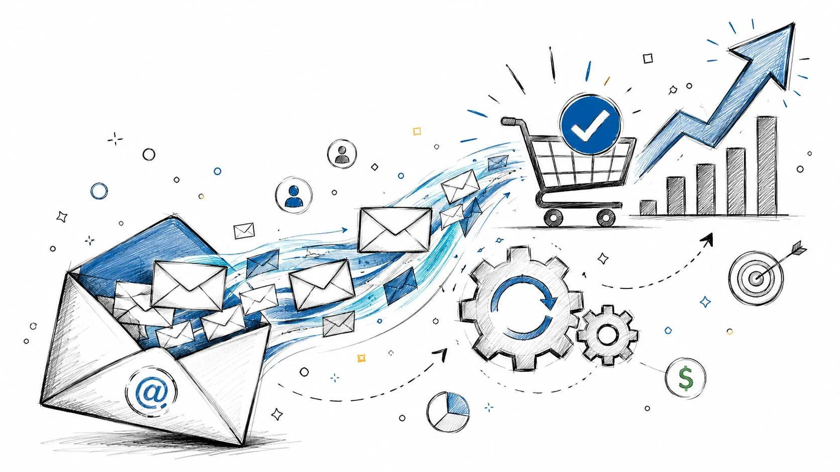 Uma ilustração desenhada à mão mostrando e-mails sendo convertidos em vendas através de automação de marketing.