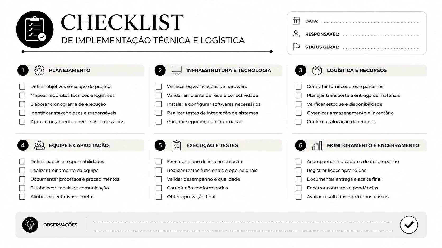 Checklist de implementação técnica e logística com seis etapas numeradas para organização de projetos e processos empresariais.