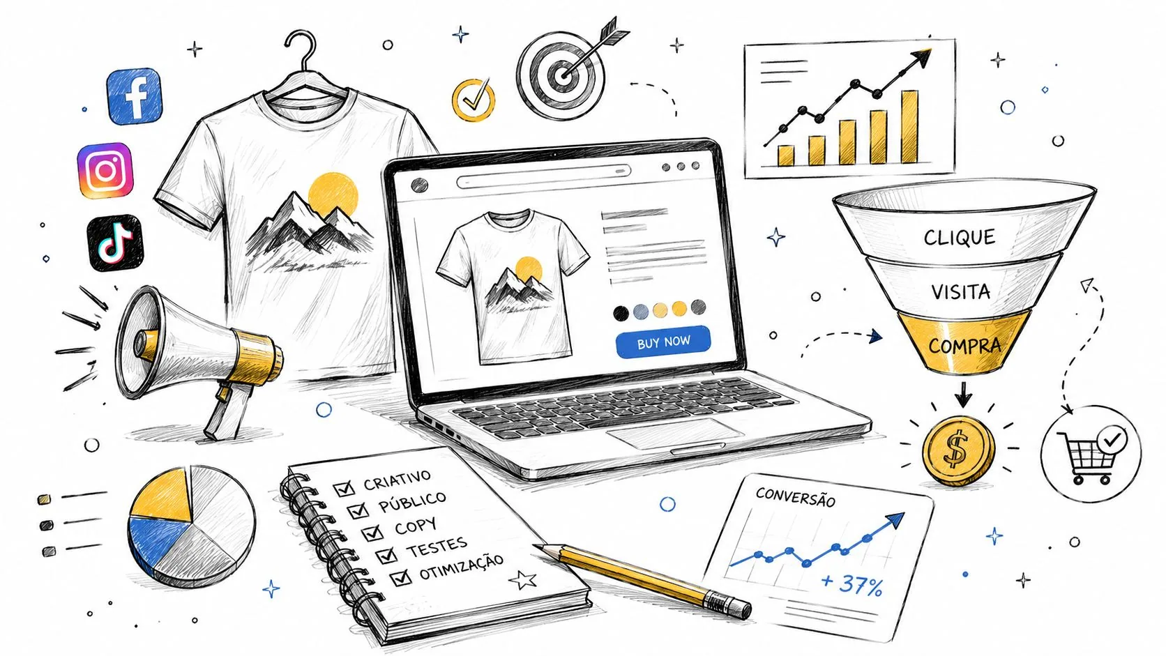 Ilustração estilo rascunho representando o processo de negócio de print on demand com funil de vendas.