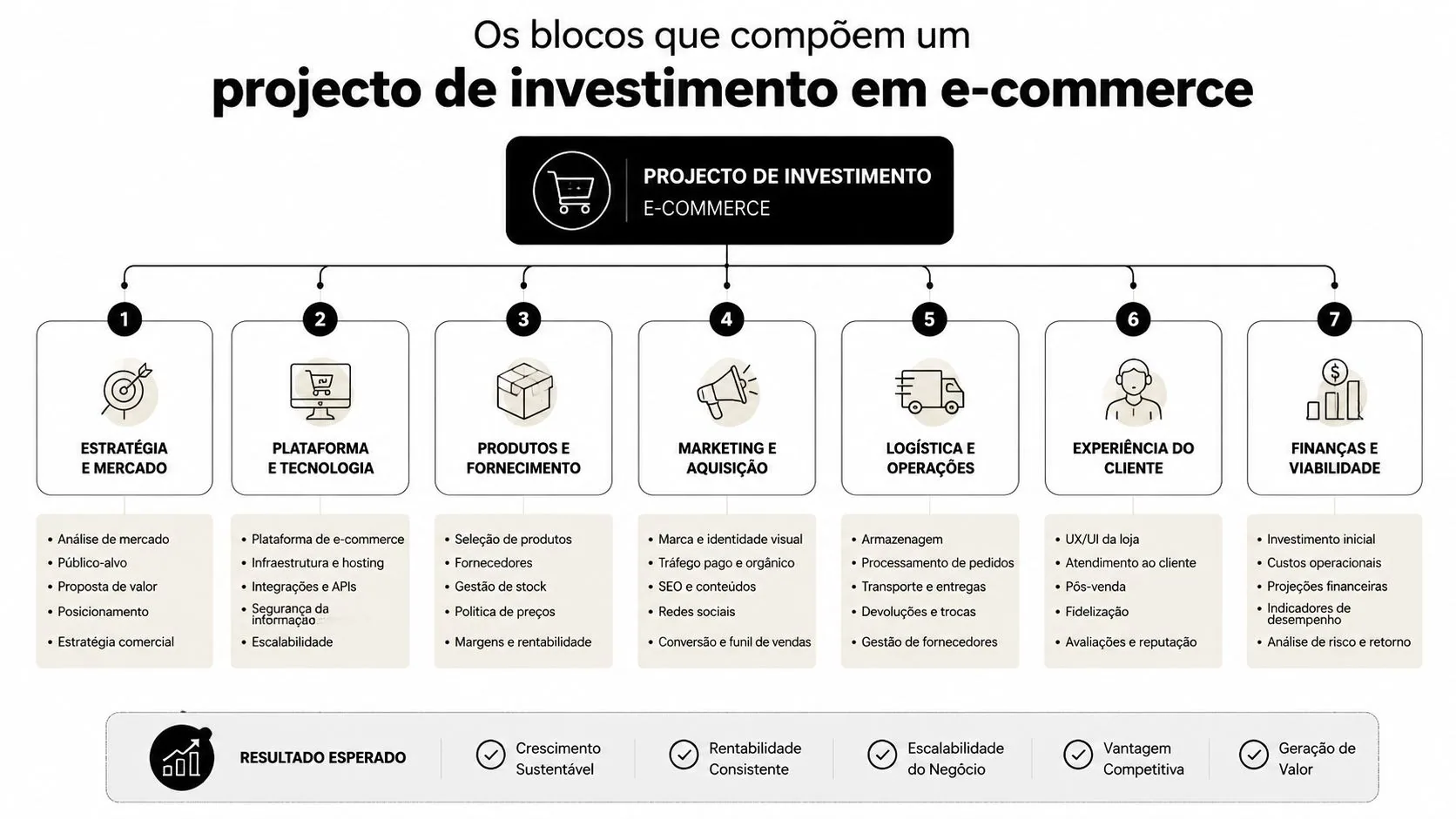 Diagrama detalhado sobre os sete pilares fundamentais para estruturar um projeto de investimento em e-commerce profissional.